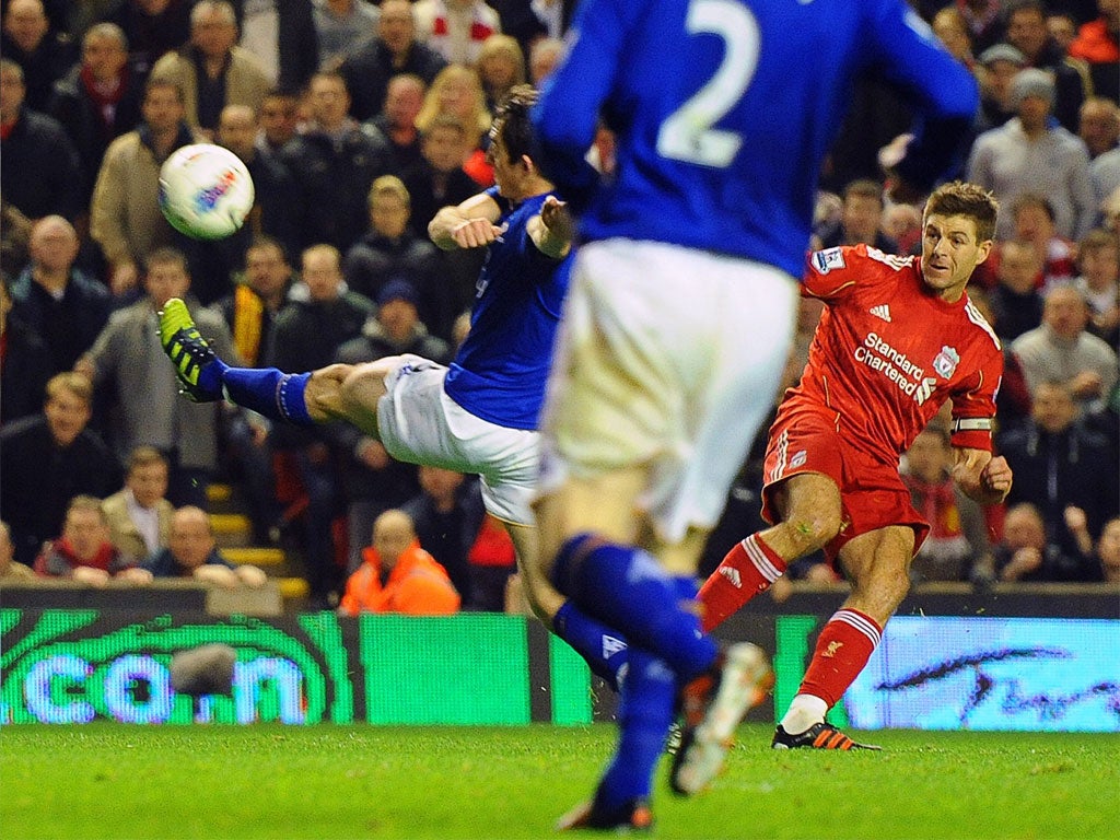 Steven Gerrard scores the first goal for Liverpool at Anfield
