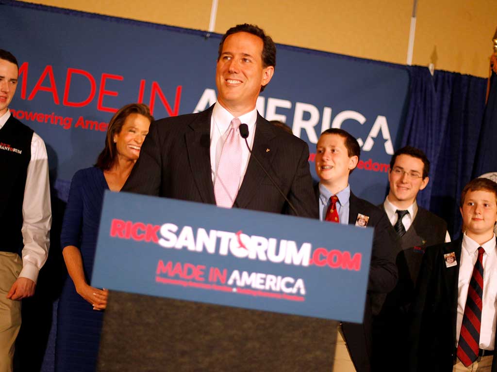 Rick Santorum addresses supporters after winning the both the Alabama and Mississippi primaries