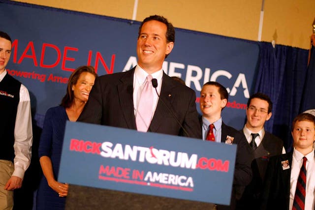 Rick Santorum addresses supporters after winning the both the Alabama and Mississippi primaries