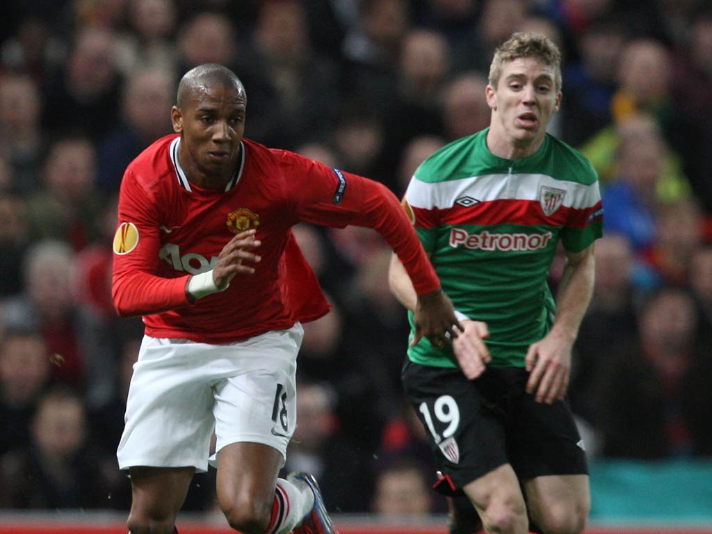 Ashley Young pictured in the first leg against Athletic Bilbao