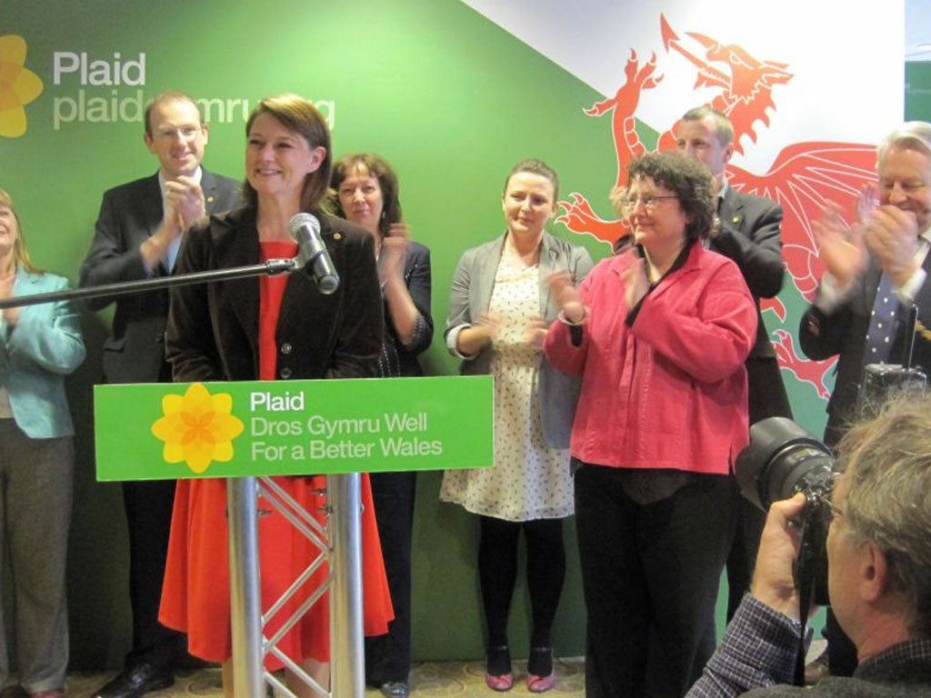 Leanne Wood beat former leader Lord Elis-Thomas (far right), and the widely tipped Elin Jones (fourth right), to replace outgoing Ieuan Wyn Jones.