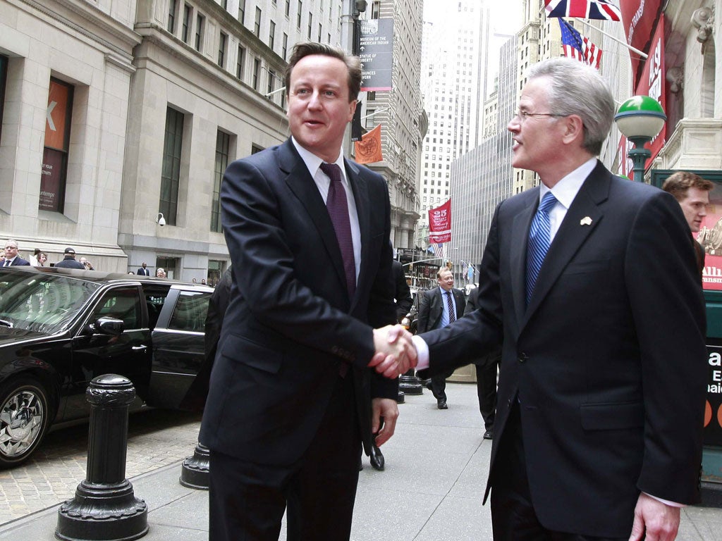 David Cameron meets Jeff Eubank of the New York Stock Exchange on his visit to Wall Street