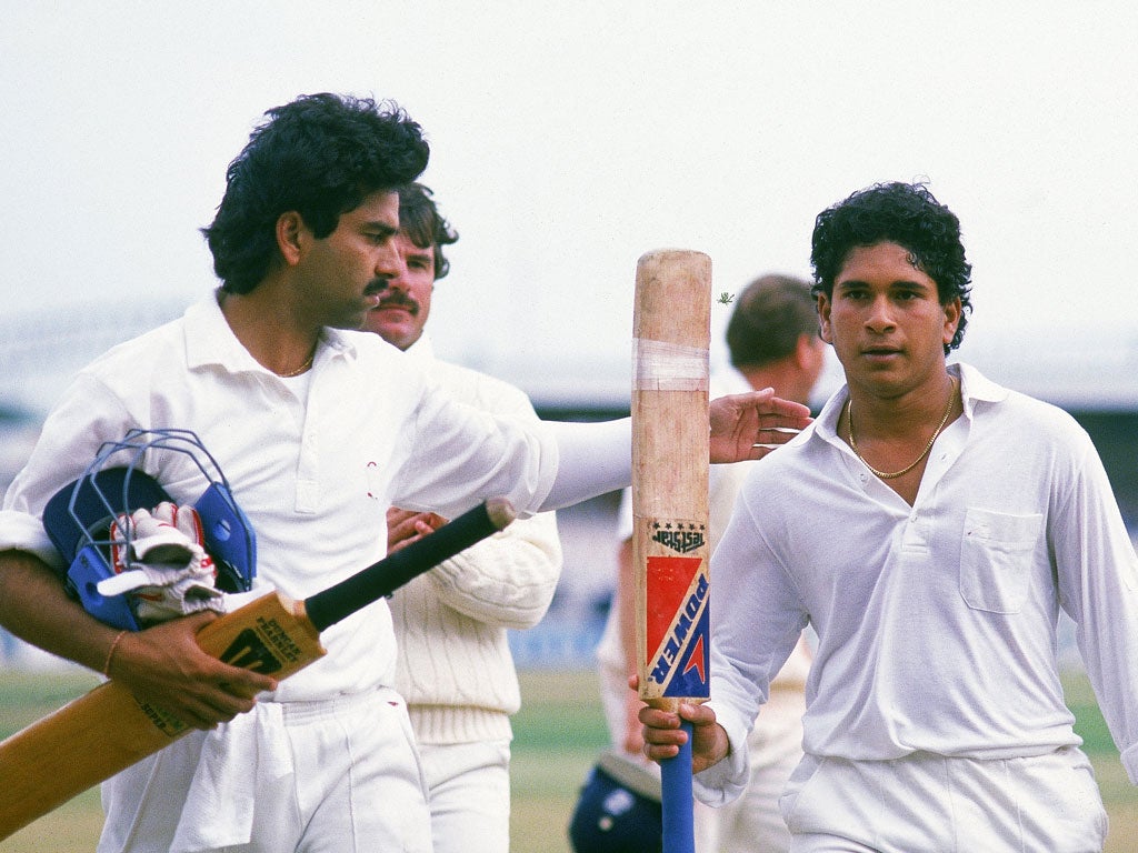 14 August 1990: Sachin Tendulkar celebrates his first Test century, against England at Old Trafford