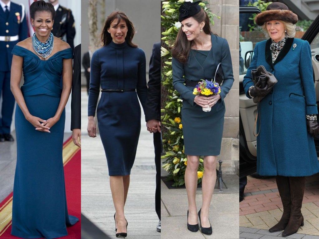 From left: Michelle Obama wore teal off the shoulder to the state dinner in honour of David and Samantha Cameron's US trip last week. And for a visit to Ground Zero, Sam Cam chose a £650 bespoke teal Emilia Wickstead dress. The Duchess of Cambridge, meanw