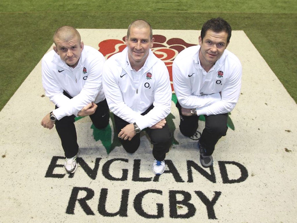 The England interim coaching team of Stuart Lancaster (centre), head coach, Andy Farrell (right), the backs coach and Graham Rowntree the forwards coach