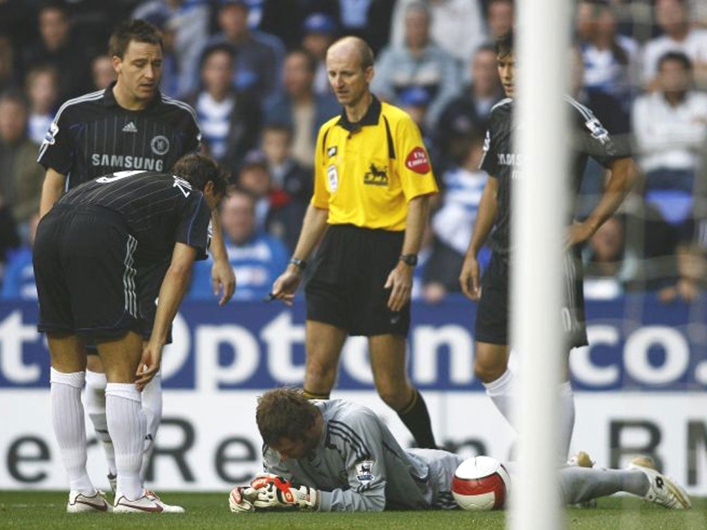 Chelsea’s goalkeeper, Petr Cech, lies on the pitch after suffering his head injury against Reading in 2006