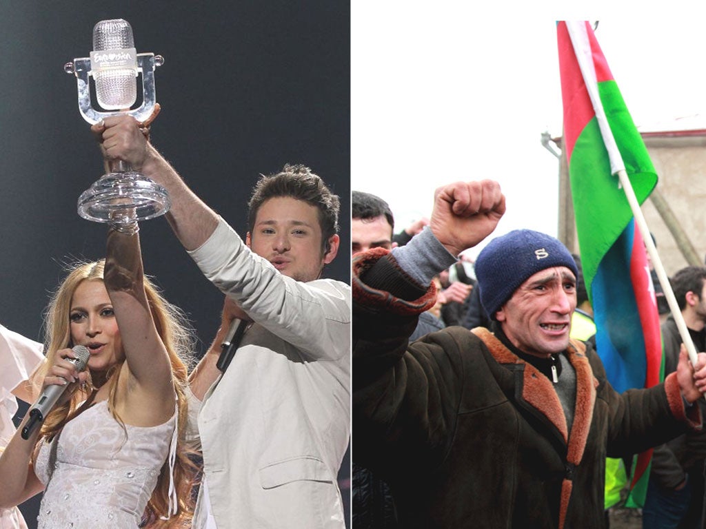 Ell & Nikki from Azerbaijan at the 2011 Eurovision
in Germany (left); protests in Quba this month (right)