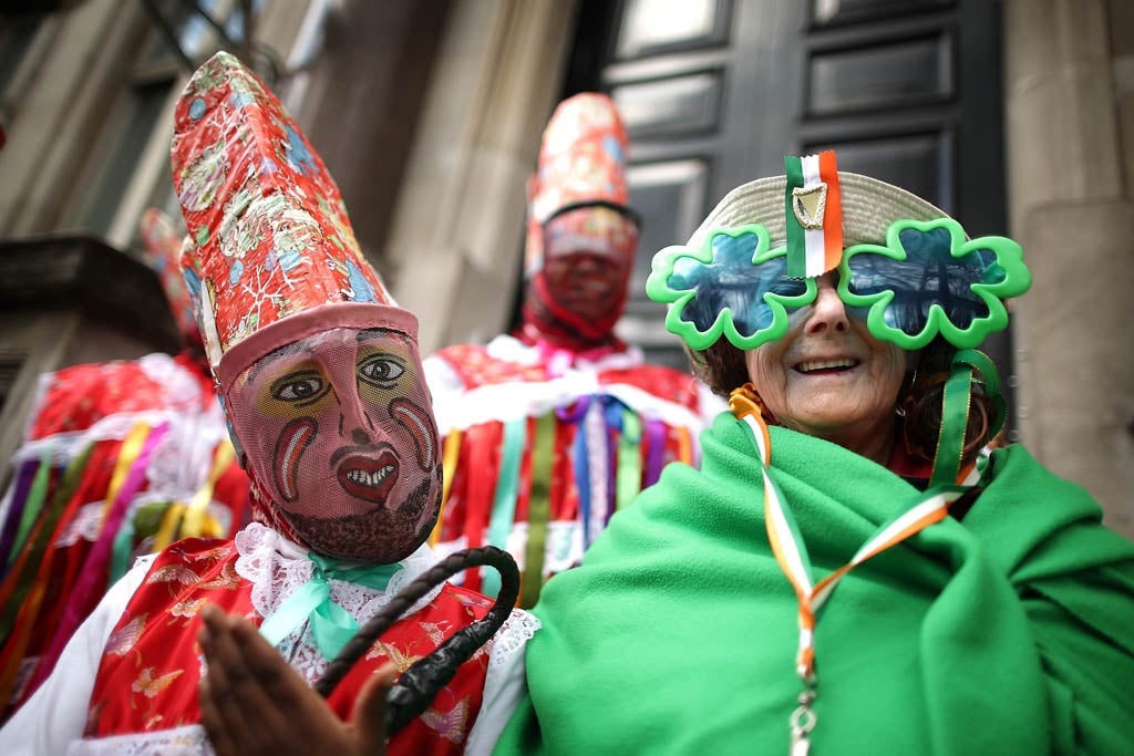 Members the Montserrat Emerald United Club get ready to take part in a St Patrick's day parade on March 18, 2012 in London, England. Thousands of people lined the streets for the parade and a concert in Trafalgar Square.