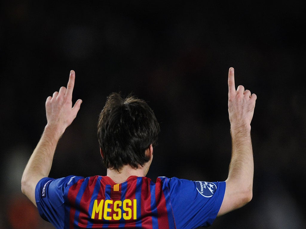 7 March 2012 Lionel Messi celebrates scoring his fifth goal of the night as Barcelona thrashed Bayer Leverkusen 7-1. The diminutive Argentine made history, becoming the first player to score five goals in a Champions League fixture and taking