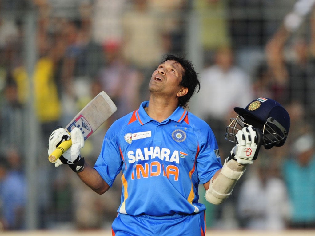 <b>16 March 2012</b><br/>
Sachin Tendulkar celebrates scoring his historic 100th international century in India’s one-day defeat to Bangladesh. The prolific Indian batsman, who had been waiting to achieve the milestone since March 2011, brought up the lan