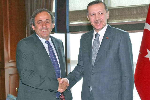 Turkish PM Tayyip Erdogan (right) with Uefa's Michel Platini