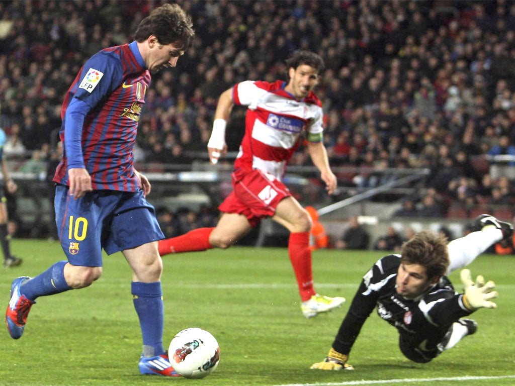 Messi scoring his third goal last night, the 234th of his Barcelona career
