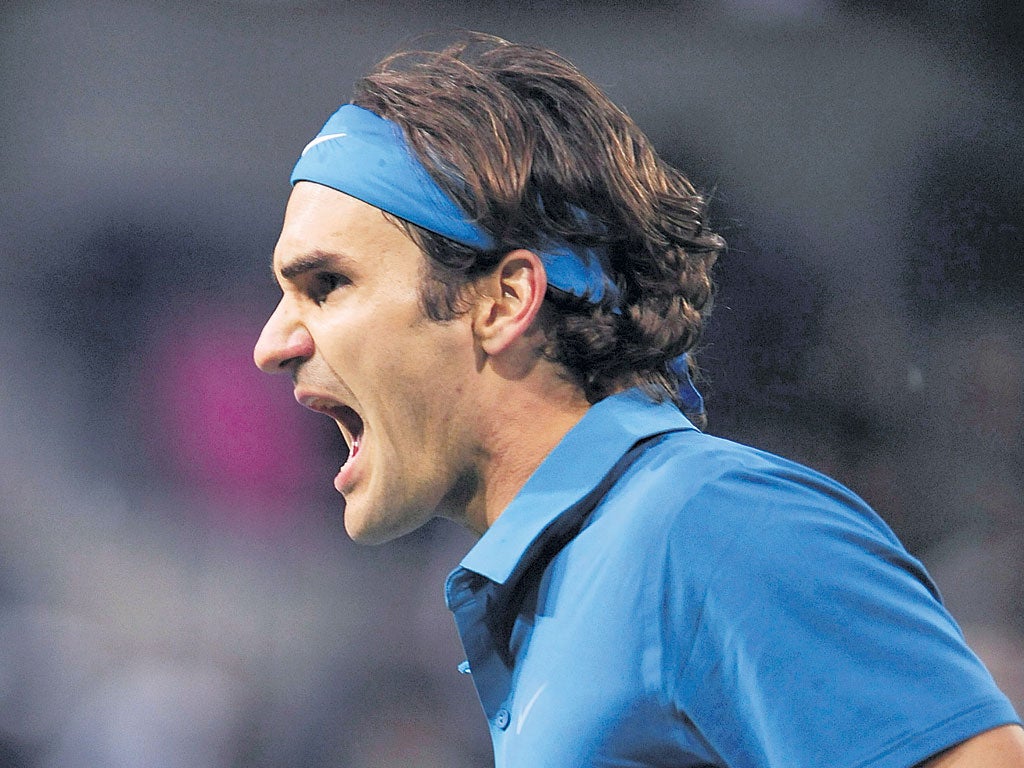 Roger Federer of Switzerland reacts during his semi-final against Rafael Nadal at Indian Wells last week
