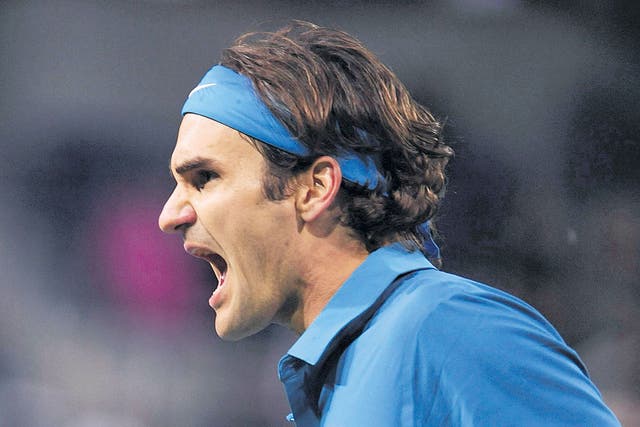 Roger Federer of Switzerland reacts during his semi-final against Rafael Nadal at Indian Wells last week