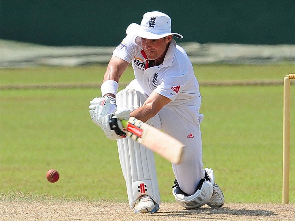 Andrew Strauss sweeps on his way to a timely century yesterday