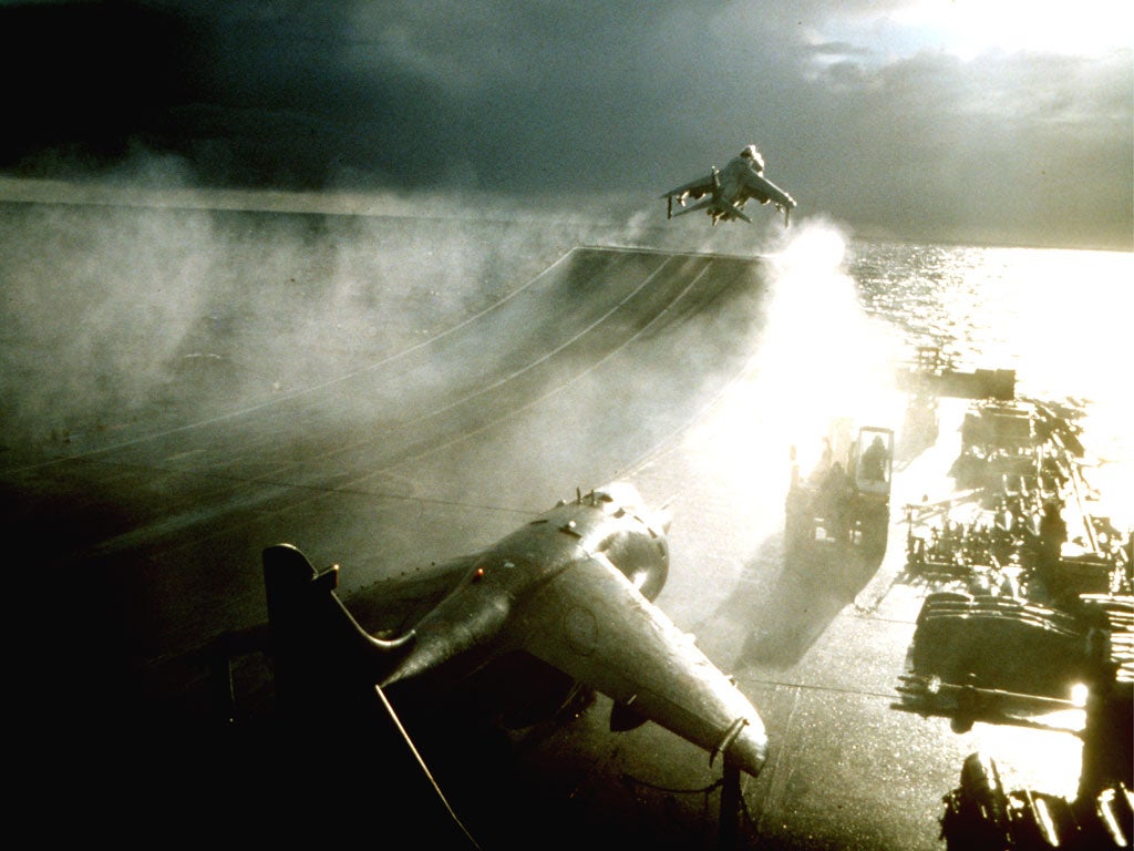 Harriers taking off at sea