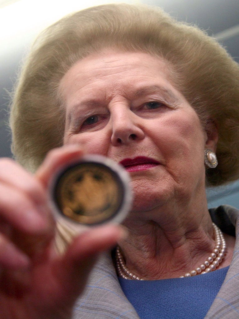 May 2007 - Margaret Thatcher inspects the first striking of Falkland Islands coins