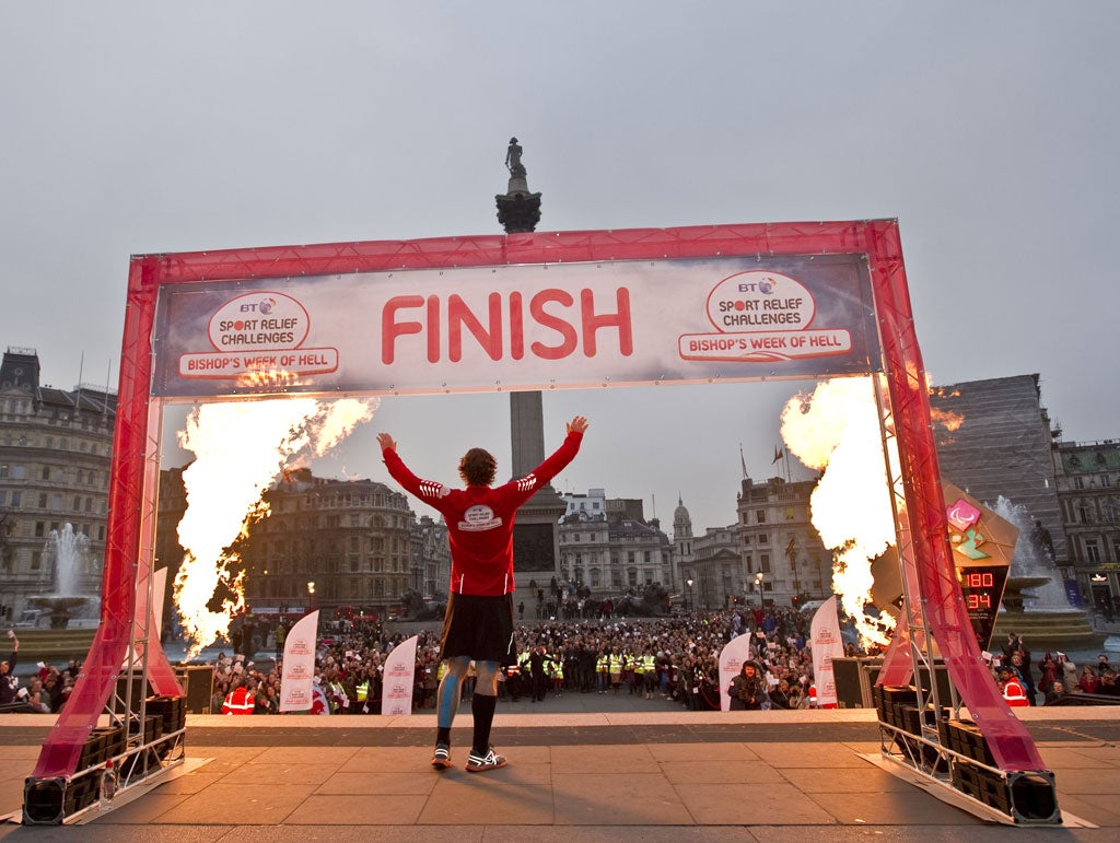 Running man: comic John Bishop at the end of his Week of Hell in aid of Sport Relief