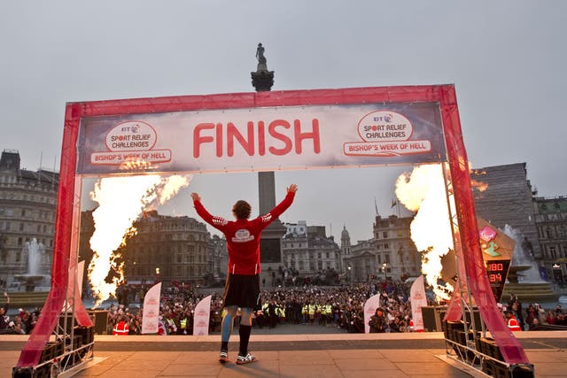 Running man: comic John Bishop at the end of his Week of Hell in aid of Sport Relief 