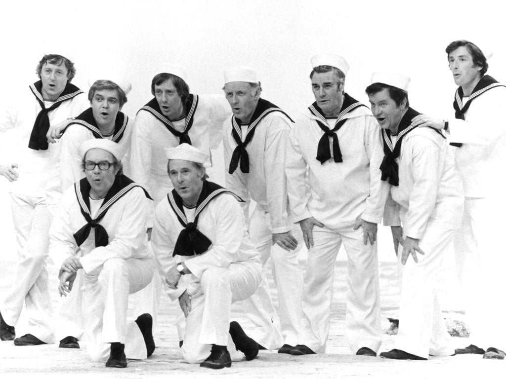 The 'South Pacific' number on the 1977 'Morecambe & Wise Christmas Show': the BBC presenters, from the left, Michael Aspel, Jenkinson, Barry Norman, Frank Bough, Eddie Waring, Richard Baker and Richard Whitmore