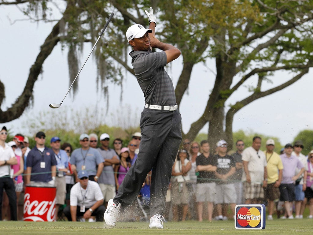 Dropped shot: Tiger Woods lets go of his club after his tee shot at the 15th