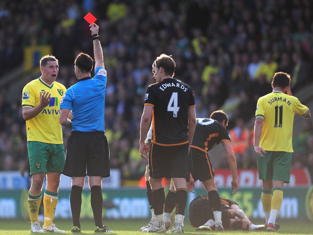 Grant Holt scored twice for Norwich against Wolves but was also sent off