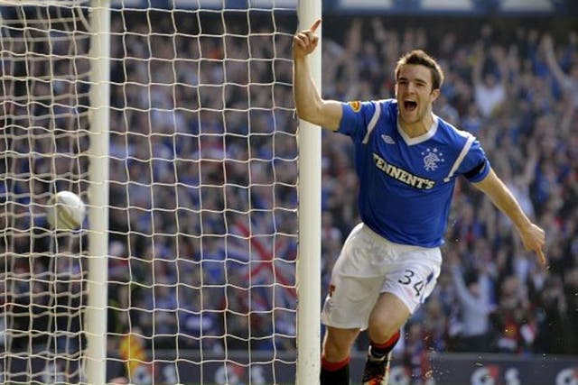 Rangers’ Andy Little celebrates his goal against Celtic