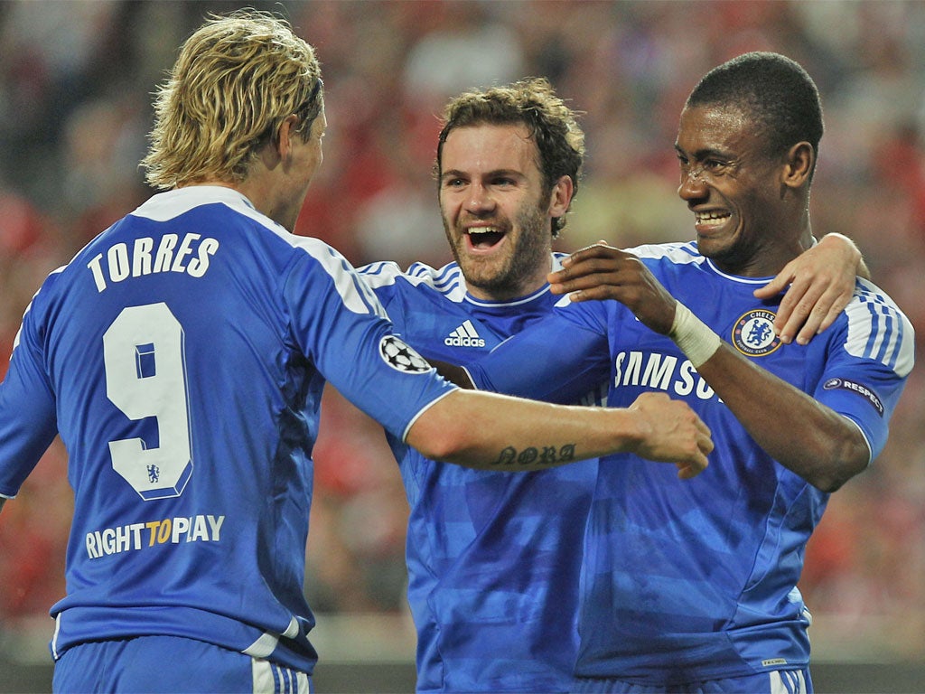 Salomon Kalou (right) celebrates his goal with Fernando Torres - who laid on the assist - and Juan Mata