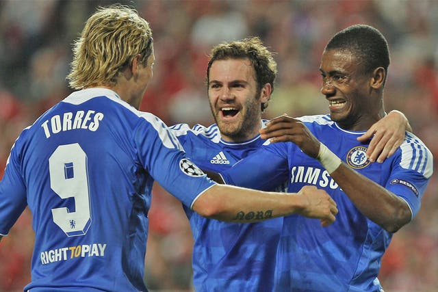 Salomon Kalou (right) celebrates his goal with Fernando Torres - who laid on the assist - and Juan Mata