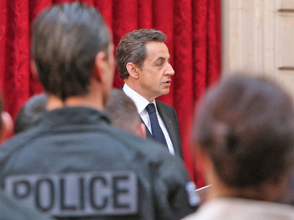 Nicolas Sarkozy addresses magistrates and police who took part in the Merah investigations at the Elysée Palace in Paris