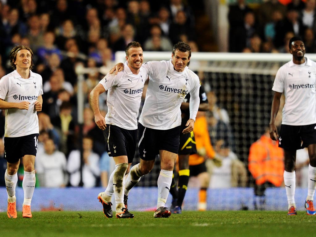 Tottenham celebrate after Ryan Nelson's opener against Bolton in the quarter-finals of the FA Cup