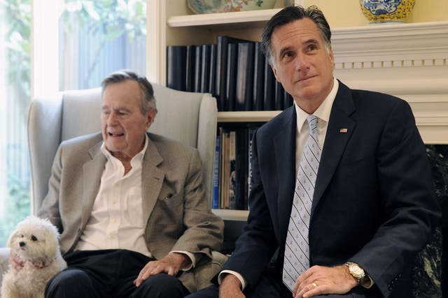 Former president Bush and Republican hopeful Mitt Romney in Houston in December 2011