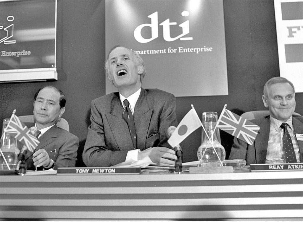 Newton, centre, then Trade and Industry minister, at a press conference in 1989. The job wasn't a success, and a year later he took over at Social Security