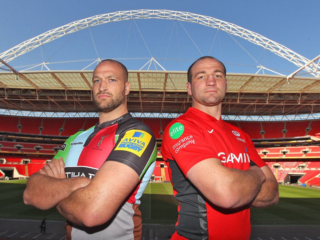 Steve Borthwick, captain of Saracens, poses with George Robson of Harlequins at Wembley yesterday