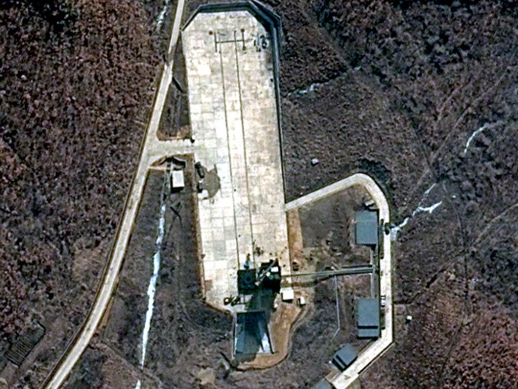 A satellite image of Tongchang-ri, apparently showing preparations
for the launch