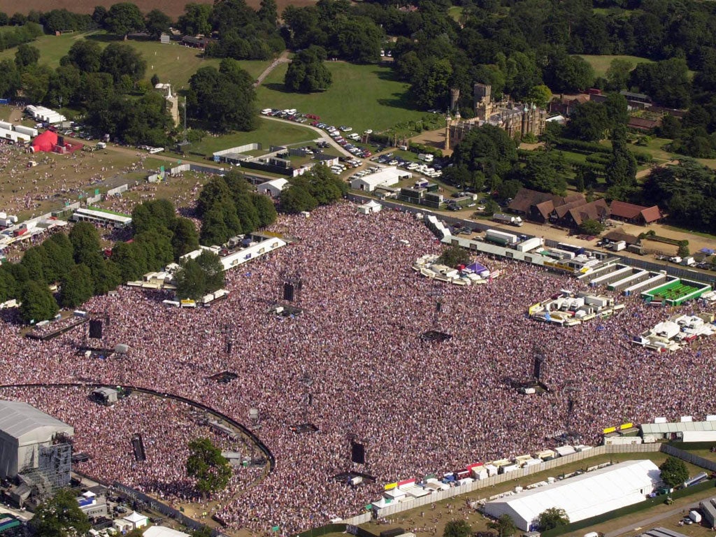 The bowl-shaped arena at Knebworth Park can hold 125,000 music fans