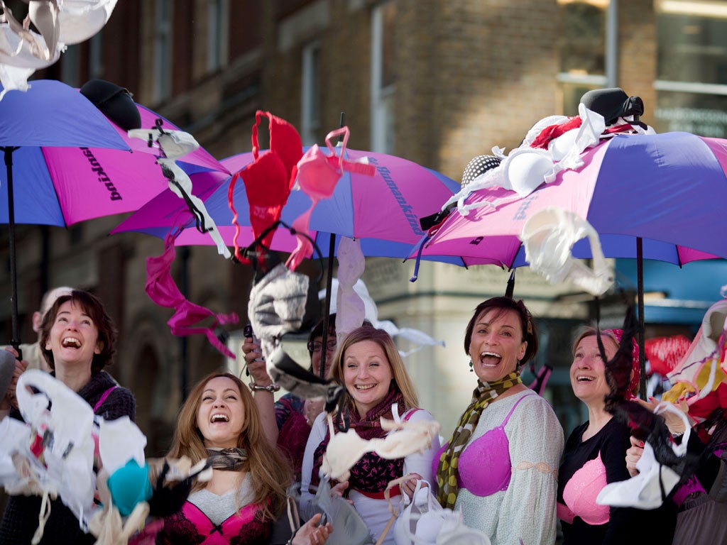 Oxfam launches the 'Big Bra Hunt' campaign in Spitalfields market, appealing to women to donate their forgotten bras during April