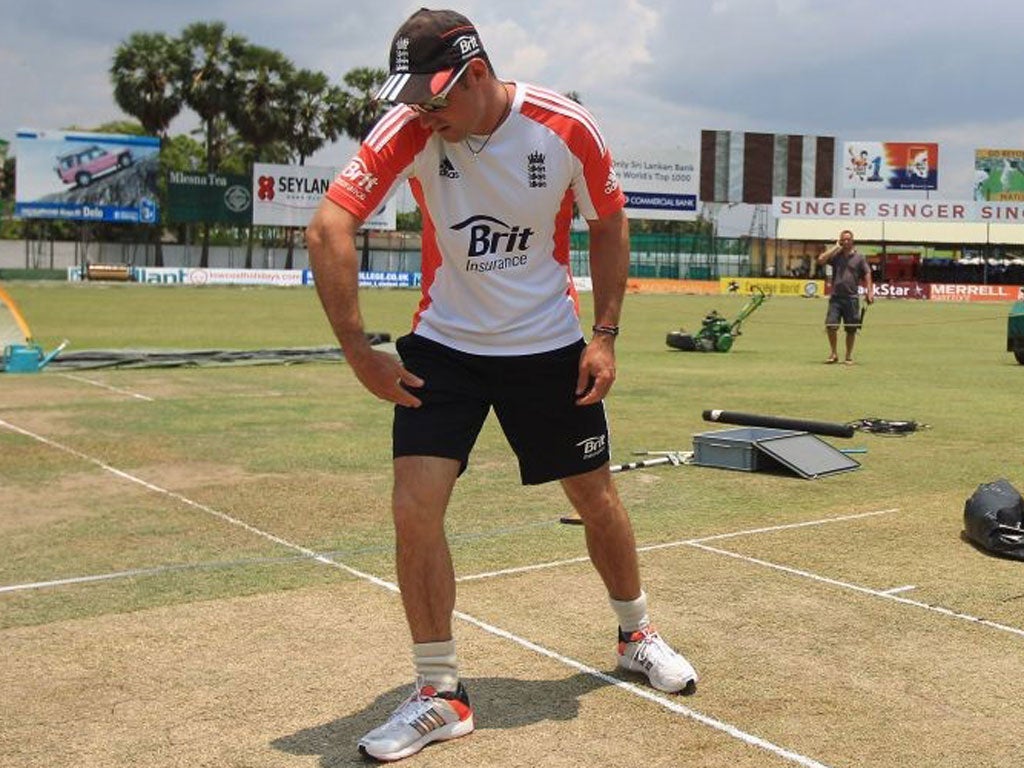 Andrew Strauss checks out the wicket in Colombo
yesterday