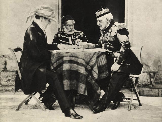 Lord Raglan seen sat with Omar Pasha, centre, and General Aimable Pelissier, right, during the Crimean War