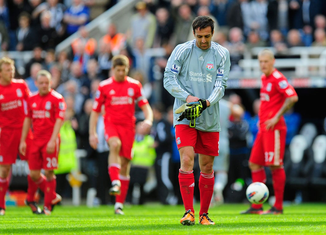 1 April 2012 Liverpool's Jose Enrique has to don the goalkeeper’s shirt and gloves for the final ten minutes of their game with Newcastle after Pepe Reina was sent off for head butting James Perch. Newcastle were comfortable 2-0 winners thanks