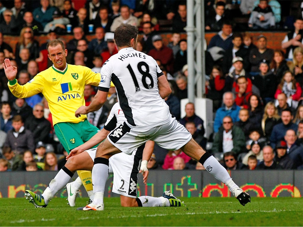Norwich City's Aaron Wilbraham scores against Fulham on Saturday