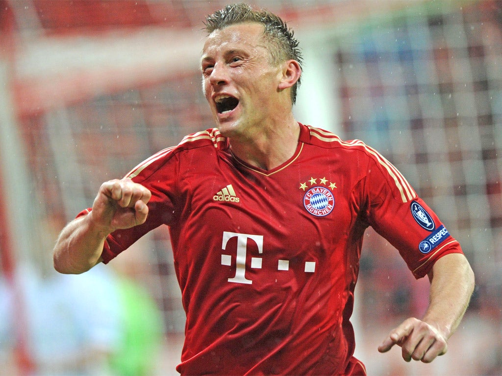 Ivica Olic celebrates one of his goals for Bayern Munich last night