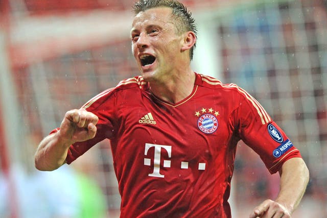 Ivica Olic celebrates one of his goals for Bayern Munich last night