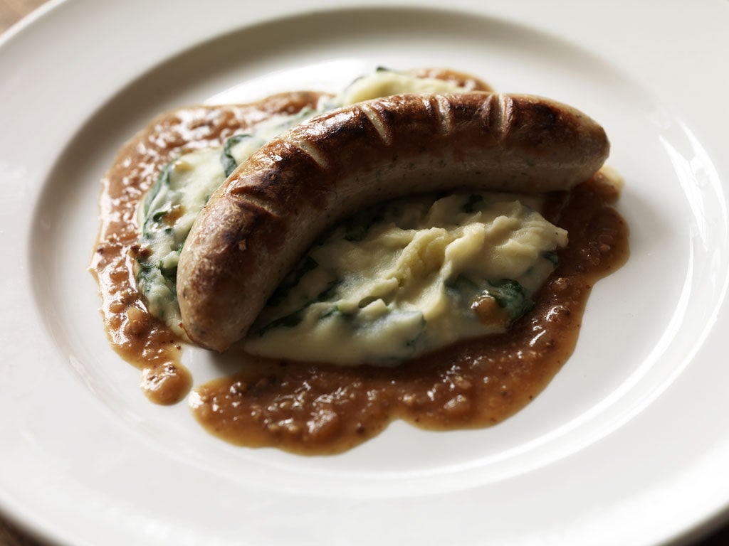 Bratwurst with wild garlic mash and mustard sauce