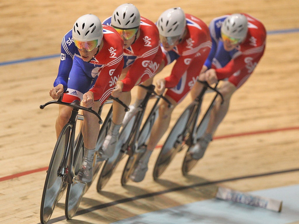Great Britain win the men's team pursuit final at the Track World Championships in Melbourne yesterday