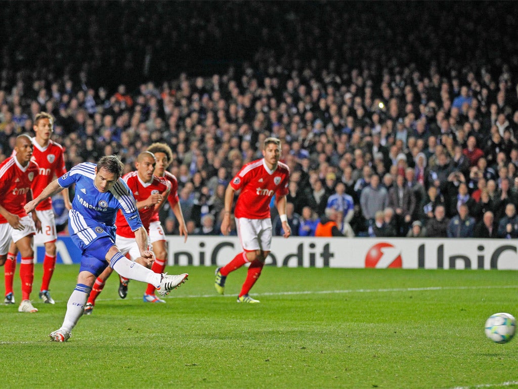 Frank Lampard fires in the first-half penalty which put Chelsea on the way to the semi-finals