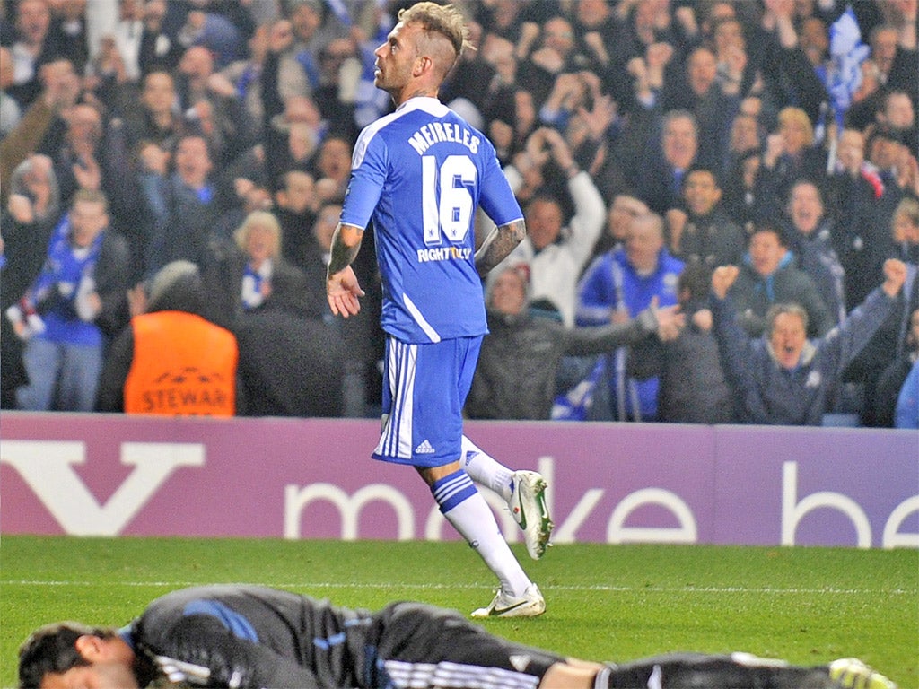 Raul Meireles enjoys the moment, Artur is left helpless as the Portuguese's late strike finally sees off Benfica