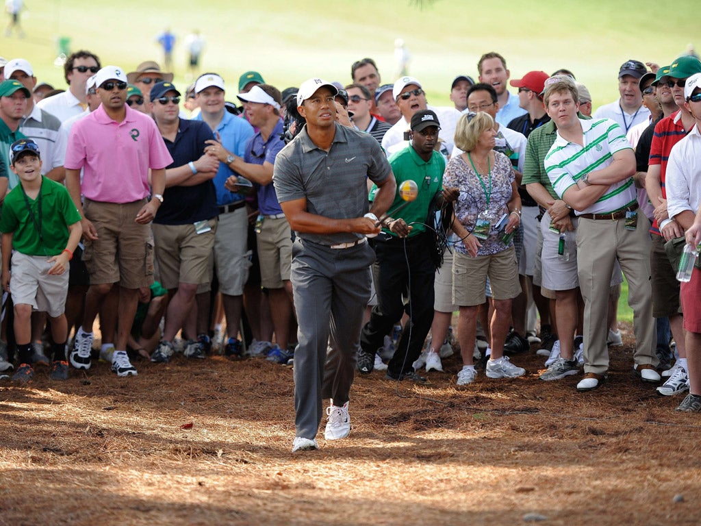Tiger Woods - and most of the Augusta crowd - keep a close eye on his shot