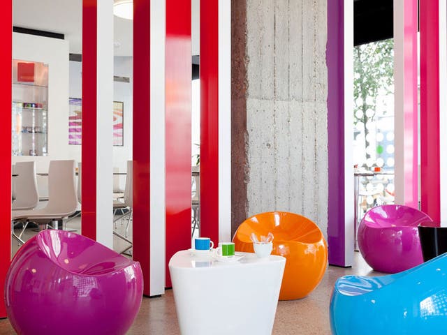The future's bright: the colourful lobby at the Pantone Hotel is the place to hatch plans for the day