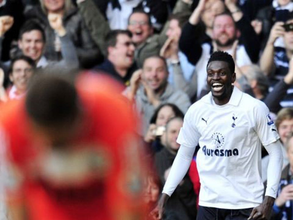 Emmanuel Adebayor, who scored twice for Spurs against Swansea last Sunday, has 'not been a problem,' claims Harry
Redknapp